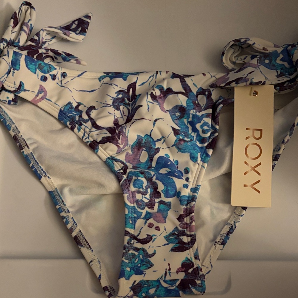 Roxy White Bikini Bottoms with Blue & Purple Floral Print